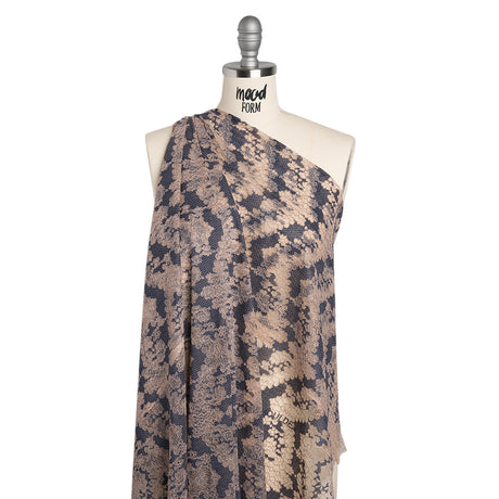 Raschel Lace Panel with Finished Edges - Shell Pink and Navy Ornate Leafy Chevrons