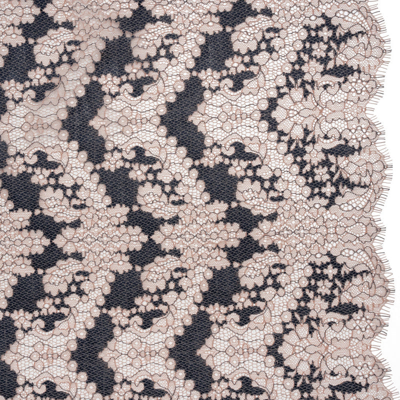 Raschel Lace Panel with Finished Edges - Shell Pink and Navy Ornate Leafy Chevrons