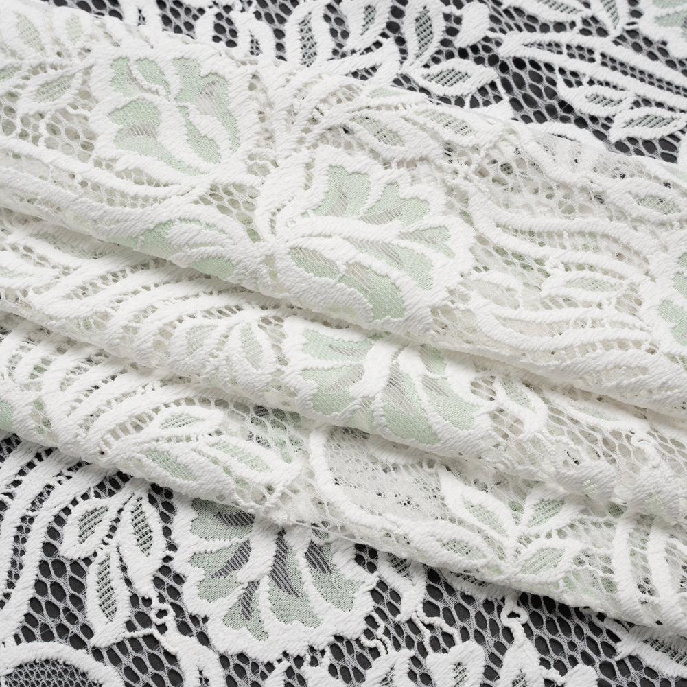 Re-Embroidered Stretch Lace with Finished Edges - Ivory and Dusty Aqua Blossom Trios and Leaves - Tatiana Collection