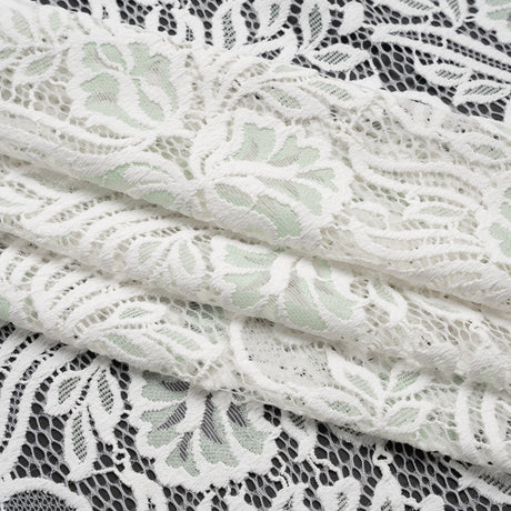 Re-Embroidered Stretch Lace with Finished Edges - Ivory and Dusty Aqua Blossom Trios and Leaves - Tatiana Collection