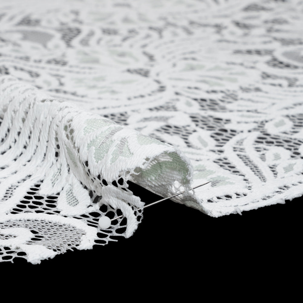 Re-Embroidered Stretch Lace with Finished Edges - Ivory and Dusty Aqua Blossom Trios and Leaves - Tatiana Collection