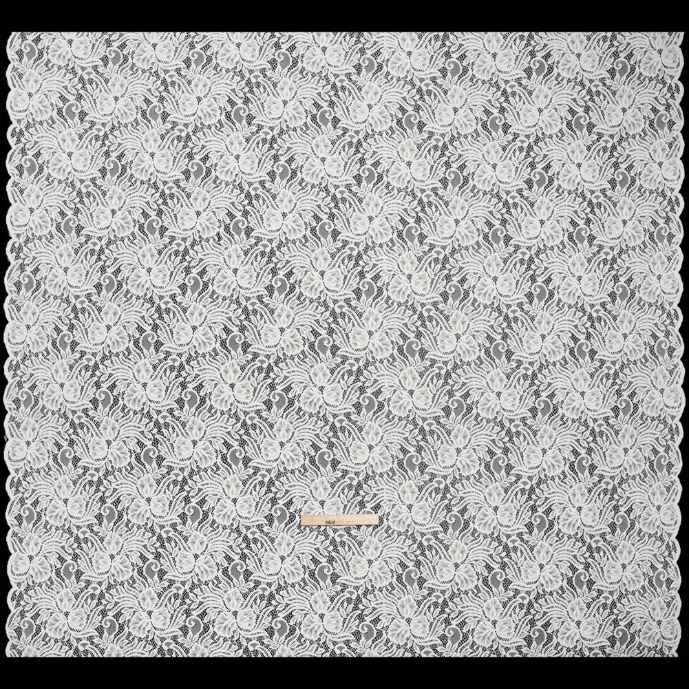 Re-Embroidered Stretch Lace with Finished Edges - Ivory and Dusty Aqua Blossom Trios and Leaves - Tatiana Collection