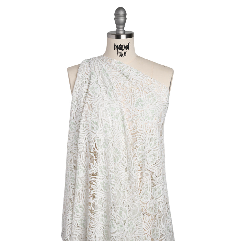 Re-Embroidered Stretch Lace with Finished Edges - Ivory and Dusty Aqua Blossom Trios and Leaves - Tatiana Collection