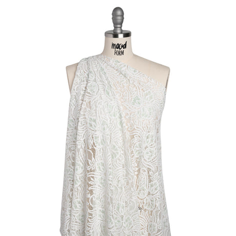 Re-Embroidered Stretch Lace with Finished Edges - Ivory and Dusty Aqua Blossom Trios and Leaves - Tatiana Collection