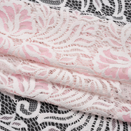 Re-Embroidered Stretch Lace with Finished Edges - Ivory and Roseate Pink Blossom Trios and Leaves - Tatiana Collection