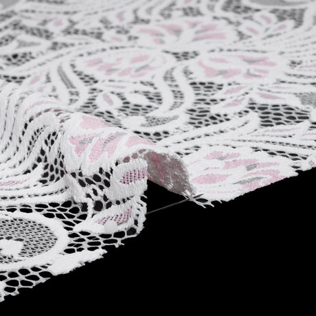 Re-Embroidered Stretch Lace with Finished Edges - Ivory and Roseate Pink Blossom Trios and Leaves - Tatiana Collection