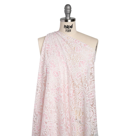Re-Embroidered Stretch Lace with Finished Edges - Ivory and Roseate Pink Blossom Trios and Leaves - Tatiana Collection