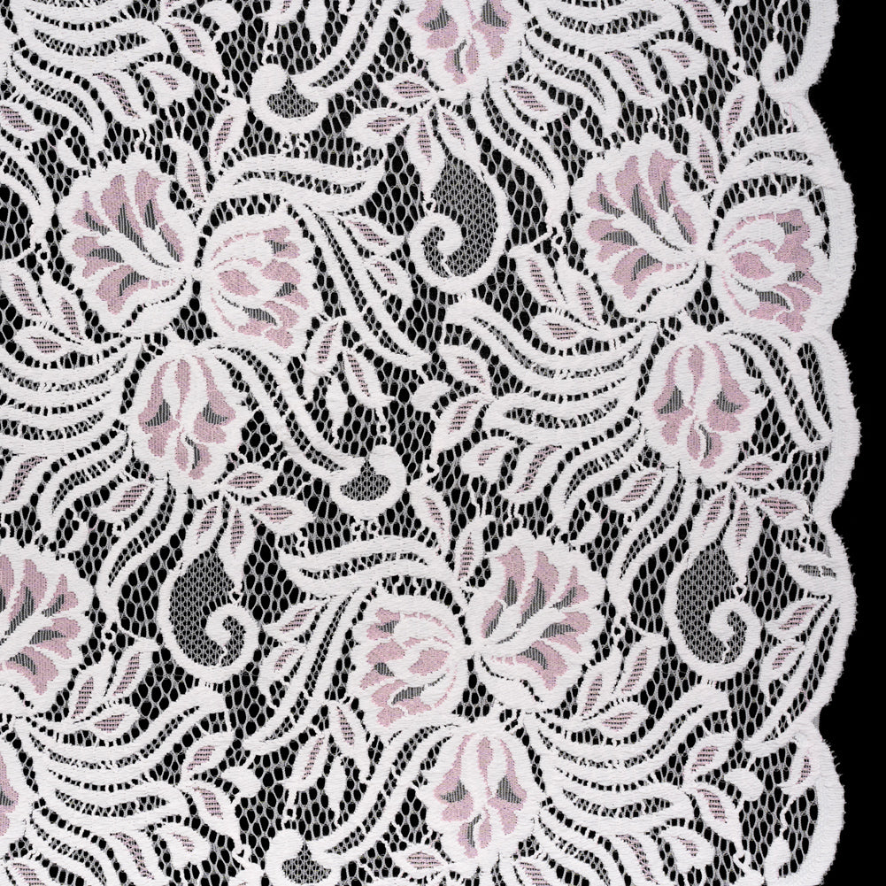 Re-Embroidered Stretch Lace with Finished Edges - Ivory and Roseate Pink Blossom Trios and Leaves - Tatiana Collection