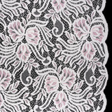 Re-Embroidered Stretch Lace with Finished Edges - Ivory and Roseate Pink Blossom Trios and Leaves - Tatiana Collection