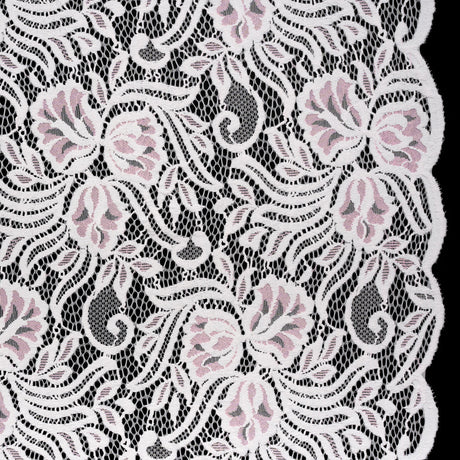 Re-Embroidered Stretch Lace with Finished Edges - Ivory and Roseate Pink Blossom Trios and Leaves - Tatiana Collection