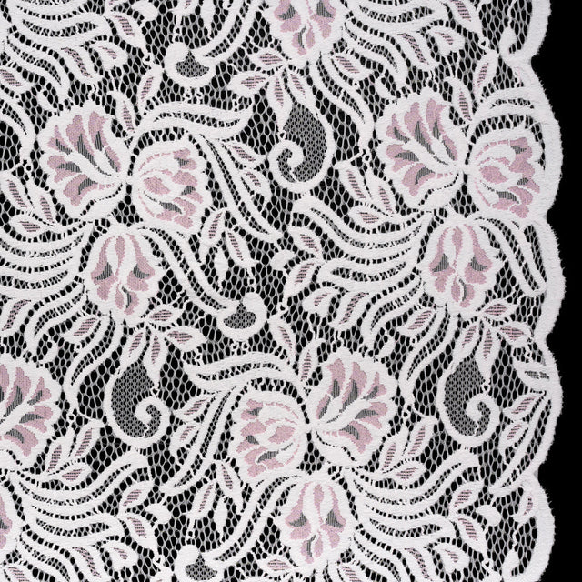 Re-Embroidered Stretch Lace with Finished Edges - Ivory and Roseate Pink Blossom Trios and Leaves - Tatiana Collection