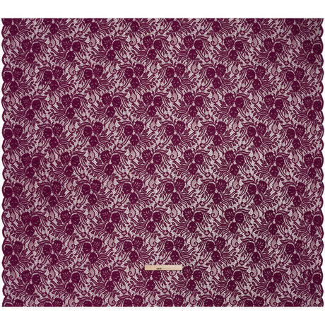 Re-Embroidered Stretch Lace with Finished Edges - Florentina Plum Purple Blossom Trios and Leaves - Tatiana Collection