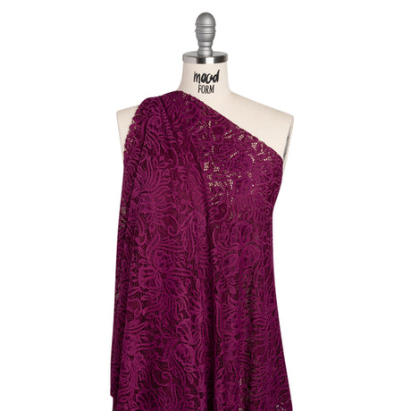 Re-Embroidered Stretch Lace with Finished Edges - Florentina Plum Purple Blossom Trios and Leaves - Tatiana Collection