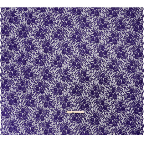 Re-Embroidered Stretch Lace with Finished Edges - Sweet Berry Blue Blossom Trios and Leaves - Tatiana Collection