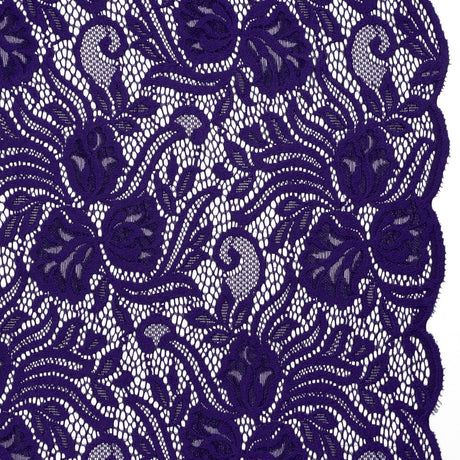 Re-Embroidered Stretch Lace with Finished Edges - Sweet Berry Blue Blossom Trios and Leaves - Tatiana Collection