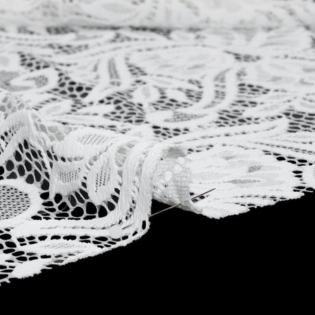 Re-Embroidered Stretch Lace with Finished Edges - Ivory Blossom Trios and Leaves - Tatiana Collection