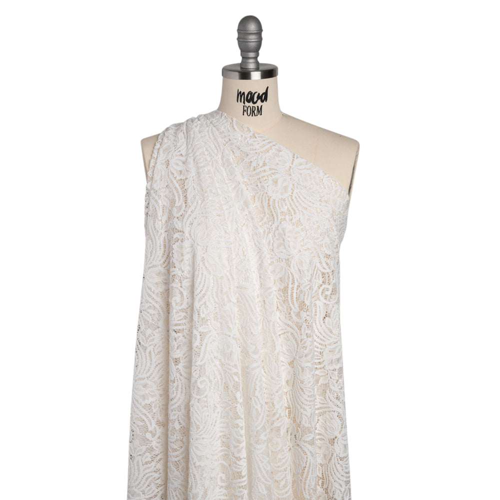 Re-Embroidered Stretch Lace with Finished Edges - Ivory Blossom Trios and Leaves - Tatiana Collection