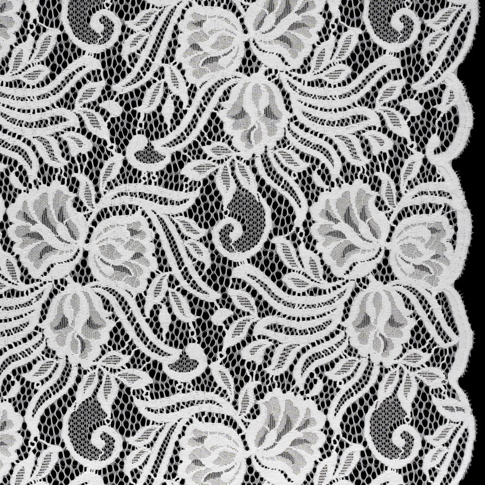 Re-Embroidered Stretch Lace with Finished Edges - Ivory Blossom Trios and Leaves - Tatiana Collection