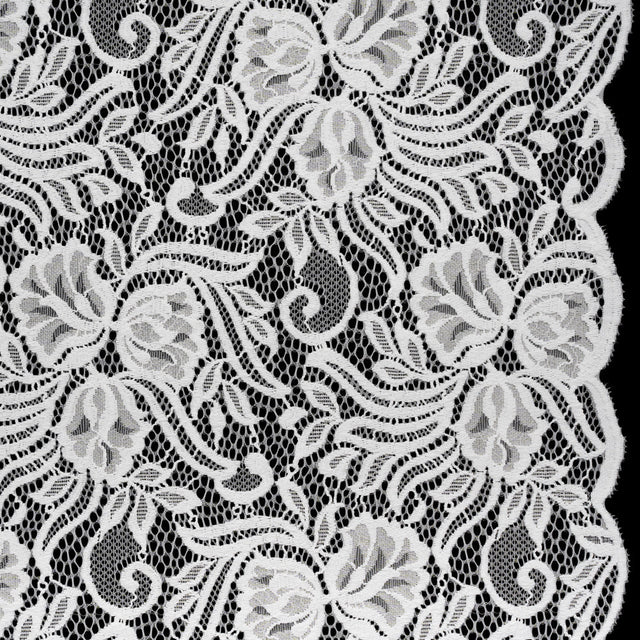 Re-Embroidered Stretch Lace with Finished Edges - Ivory Blossom Trios and Leaves - Tatiana Collection
