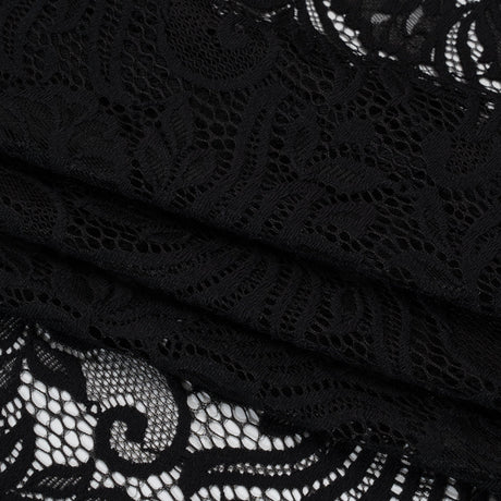 Re-Embroidered Stretch Lace with Finished Edges - Black Blossom Trios and Leaves - Tatiana Collection