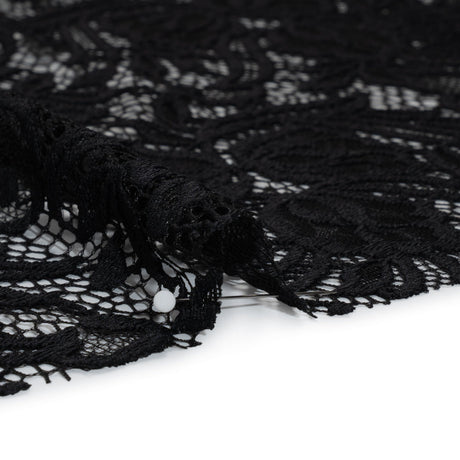 Re-Embroidered Stretch Lace with Finished Edges - Black Blossom Trios and Leaves - Tatiana Collection