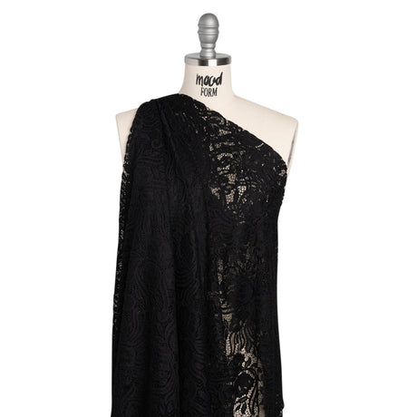 Re-Embroidered Stretch Lace with Finished Edges - Black Blossom Trios and Leaves - Tatiana Collection