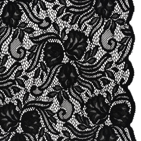Re-Embroidered Stretch Lace with Finished Edges - Black Blossom Trios and Leaves - Tatiana Collection