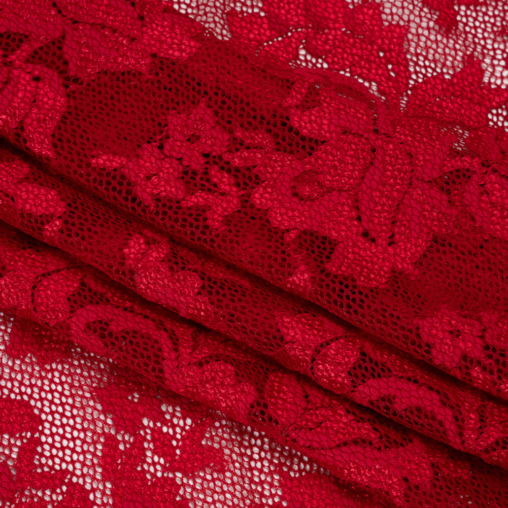 Stretch Raschel Lace with Finished Edges - Valentino Red Ornate Floral