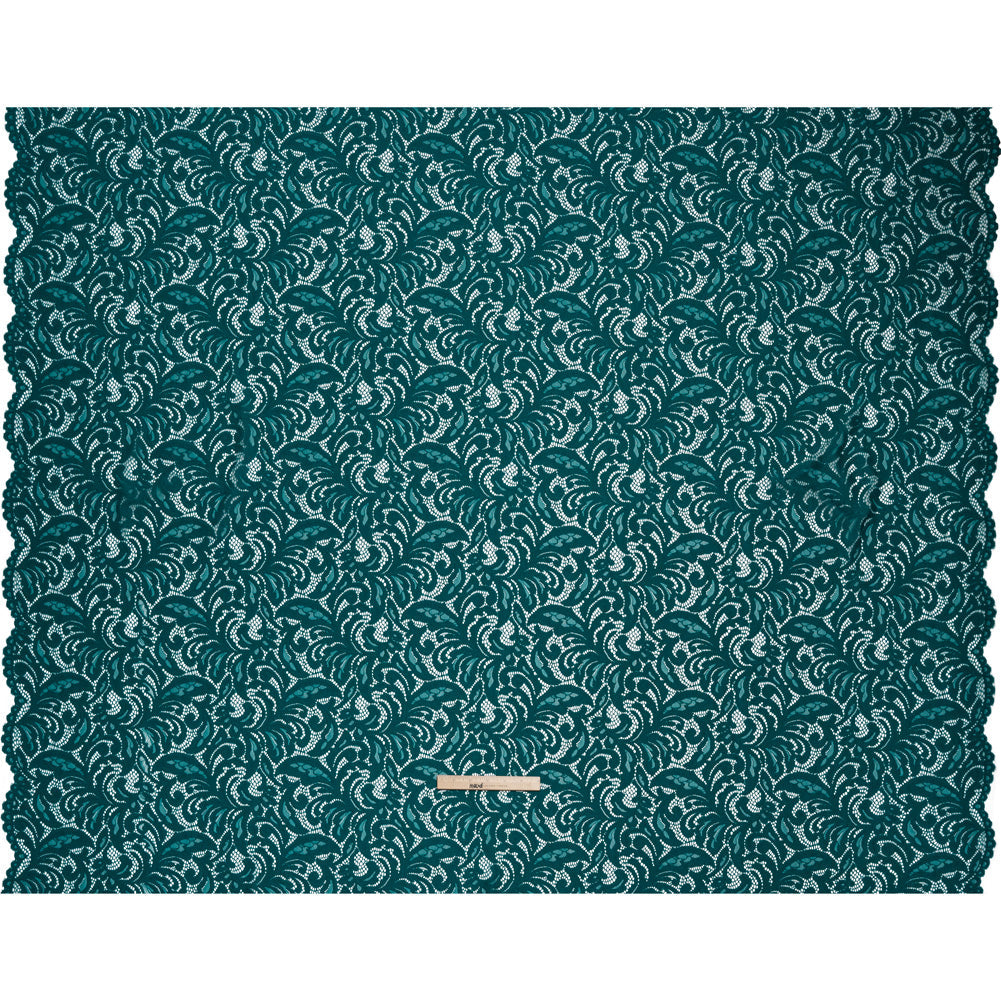 Stretch Re-Embroidered Lace with Finished Edges - Teal Paisley Leaves and Florals