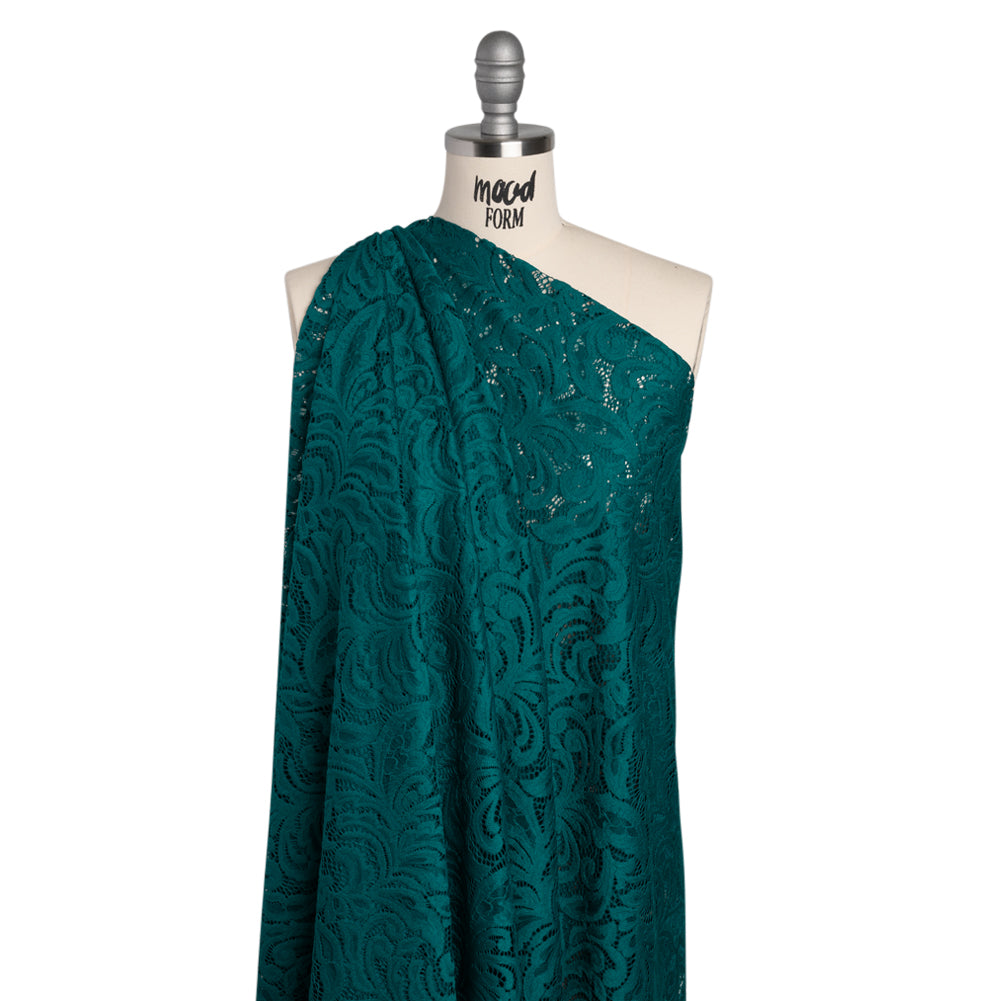 Stretch Re-Embroidered Lace with Finished Edges - Teal Paisley Leaves and Florals