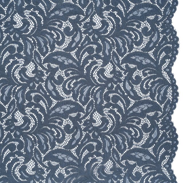 Stretch Re-Embroidered Lace with Finished Edges - True Indigo Paisley Leaves and Florals