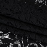 Stretch Re-Embroidered Lace with Finished Edges - Black Curling Leafy Stems