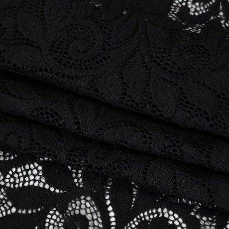 Stretch Re-Embroidered Lace with Finished Edges - Black Curling Leafy Stems