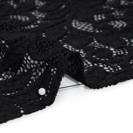 Stretch Re-Embroidered Lace with Finished Edges - Black Curling Leafy Stems