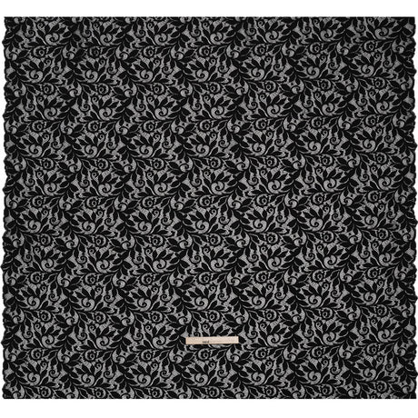 Stretch Re-Embroidered Lace with Finished Edges - Black Curling Leafy Stems