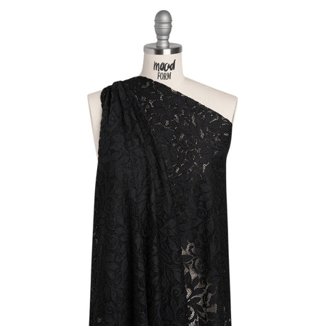 Stretch Re-Embroidered Lace with Finished Edges - Black Curling Leafy Stems