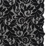 Stretch Re-Embroidered Lace with Finished Edges - Black Curling Leafy Stems