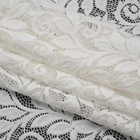 Stretch Re-Embroidered Lace with Finished Edges - Ivory Curling Leafy Stems