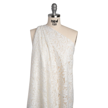 Stretch Re-Embroidered Lace with Finished Edges - Ivory Curling Leafy Stems