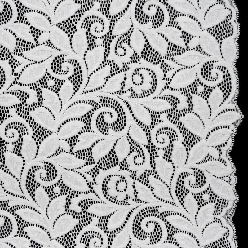 Stretch Re-Embroidered Lace with Finished Edges - Ivory Curling Leafy Stems