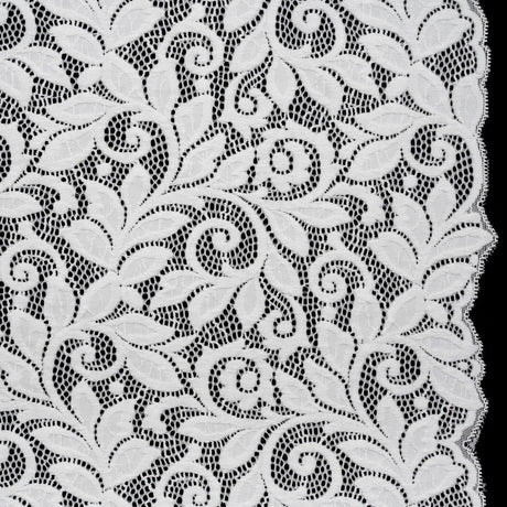Stretch Re-Embroidered Lace with Finished Edges - Ivory Curling Leafy Stems