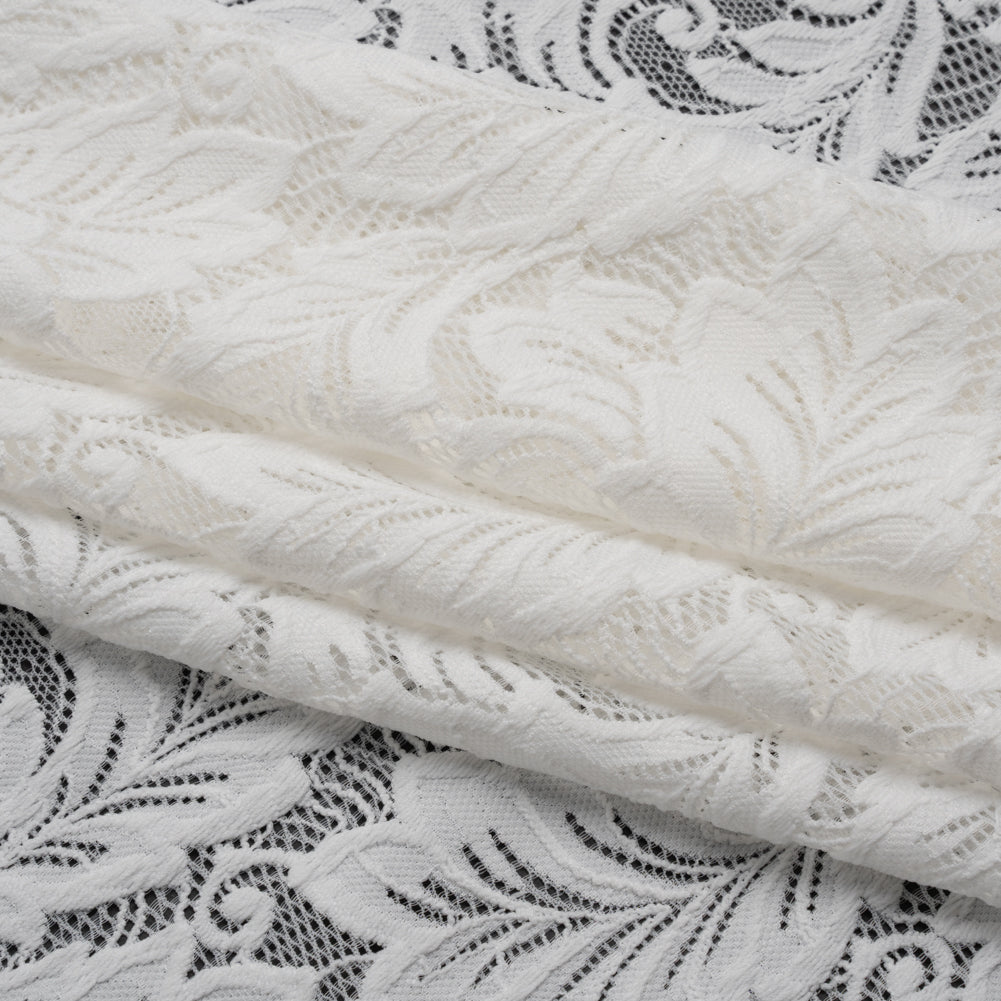 Stretch Re-Embroidered Lace with Finished Edges - Ivory Waving Leaves