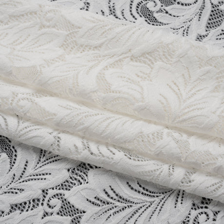 Stretch Re-Embroidered Lace with Finished Edges - Ivory Waving Leaves