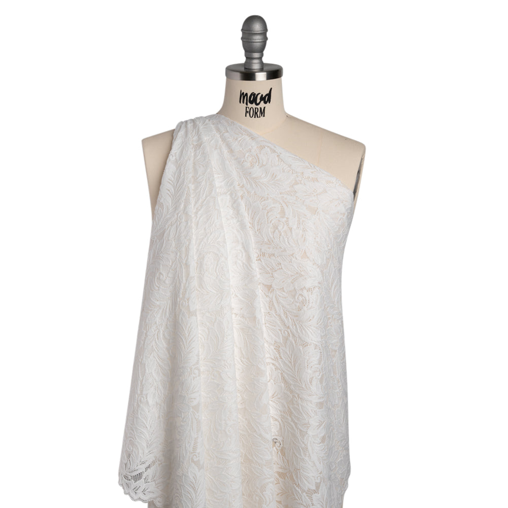 Stretch Re-Embroidered Lace with Finished Edges - Ivory Waving Leaves