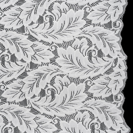 Stretch Re-Embroidered Lace with Finished Edges - Ivory Waving Leaves