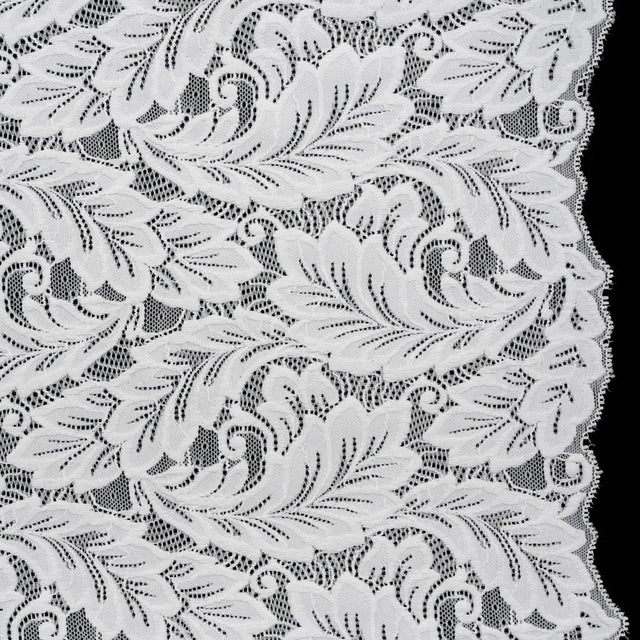 Stretch Re-Embroidered Lace with Finished Edges - Ivory Waving Leaves