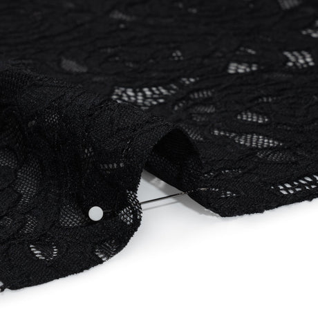 Stretch Re-Embroidered Lace with Finished Edges - Black All-Over Roses