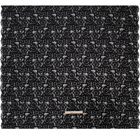 Stretch Re-Embroidered Lace with Finished Edges - Black All-Over Roses
