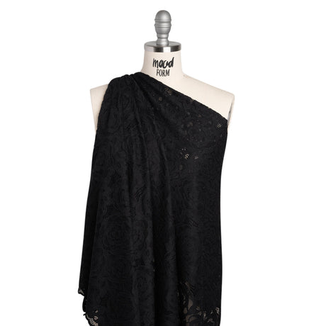 Stretch Re-Embroidered Lace with Finished Edges - Black All-Over Roses