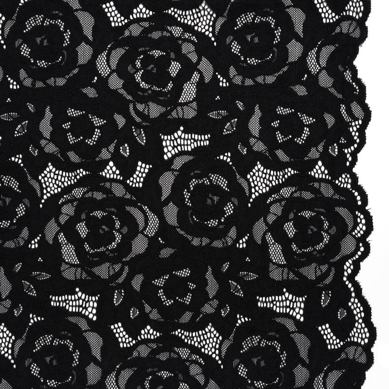 Stretch Re-Embroidered Lace with Finished Edges - Black All-Over Roses